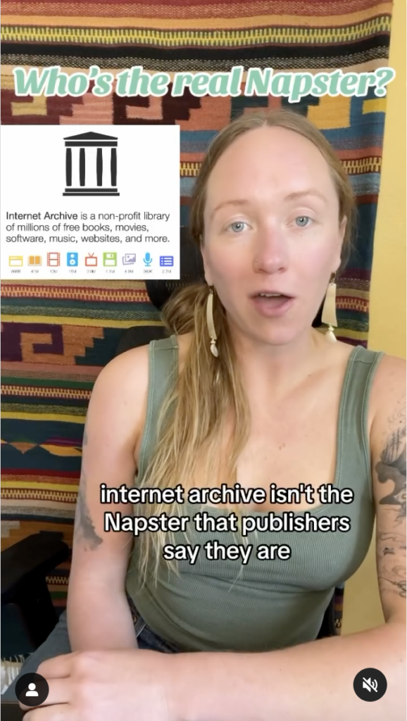 A screenshot of an Instagram video featuring Lia Holland. Text is overlaid that says "Who's the real Napster? Internet Archive isn't the Napster that publishers say they are."